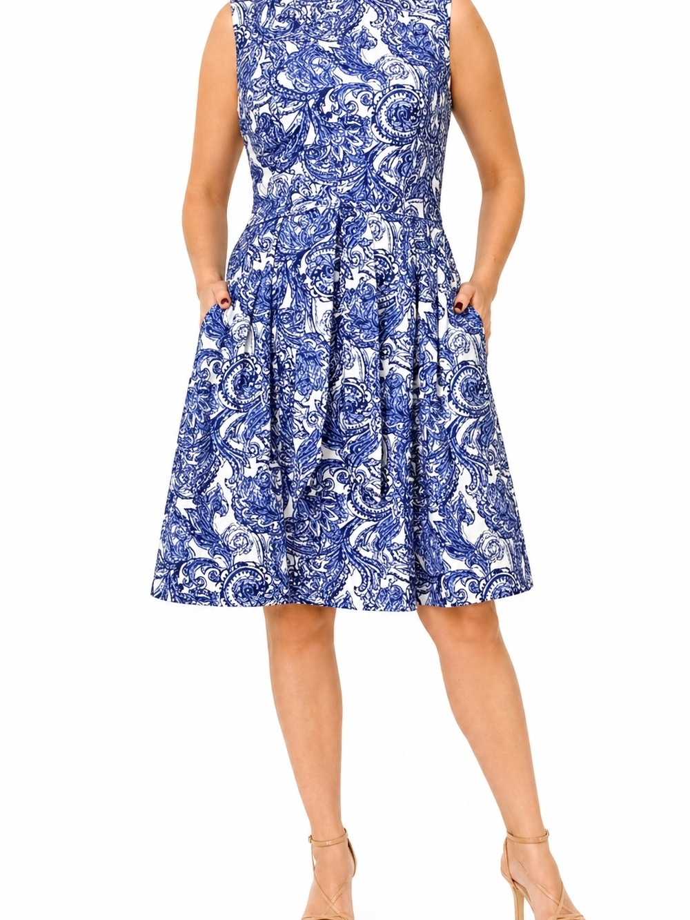 Anne Klein Blue and White Paisley Fit-and-Flare Mini Dress